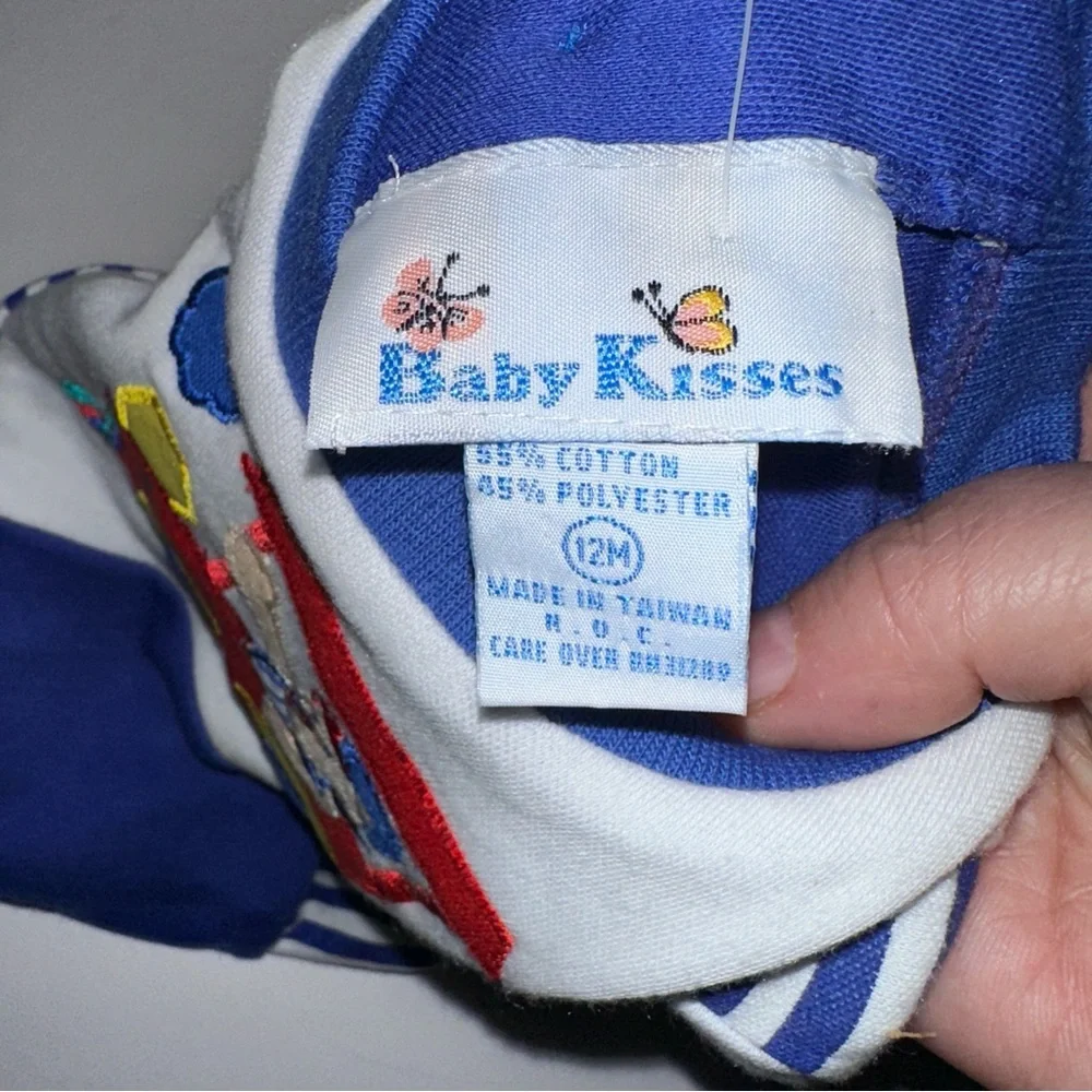NWT Vintage Baby Kisses Romper Infant 12 Months Blue Appliqued Train stripes NEW